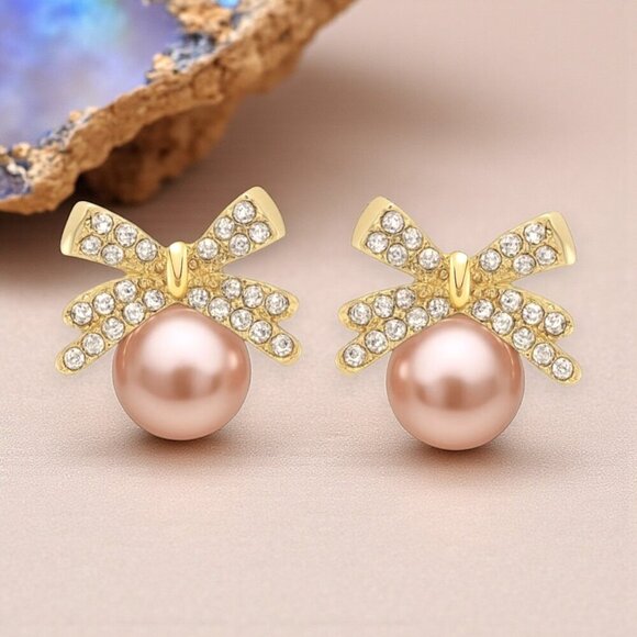 Coquette Pink Pearl Bow Earrings Gold Crystal Ribbon Studs Dainty Balletcore - Picture 8 of 14
